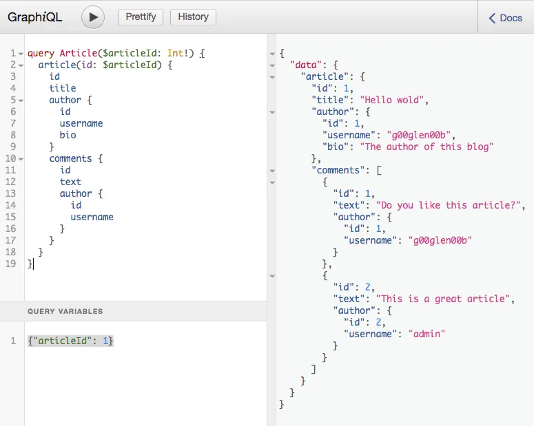 GraphiQL interface using query variables