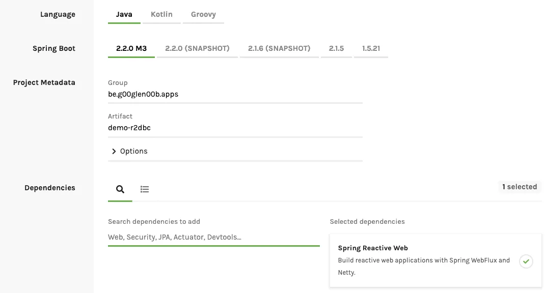 Spring Initializr setup for R2DBC