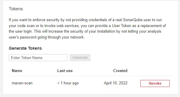 SonarQube API token window